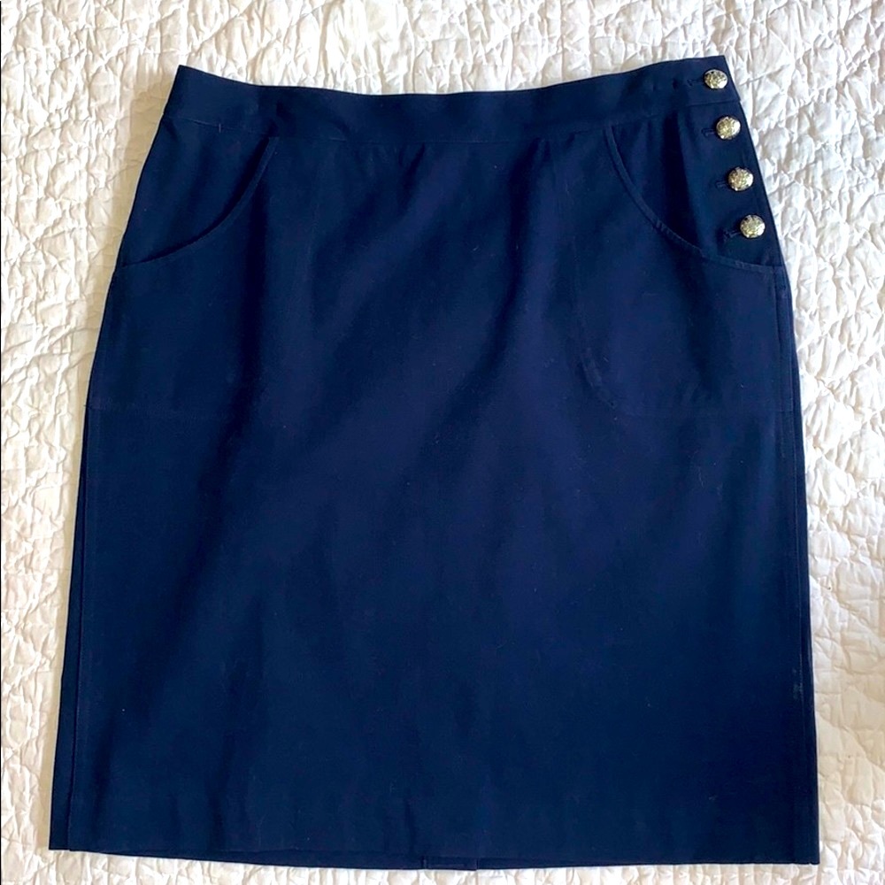 Ralph Lauren luxury line premium navy pencil skirt pockets gold buttons 10